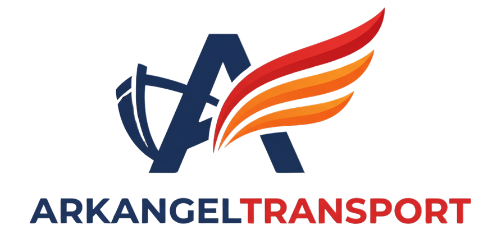 Arkangel Transport logo with stylized blue &ldquo;A&rdquo; and orange-red wing above the company name
