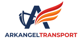 Arkangel Transport logo with stylized blue &ldquo;A&rdquo; and orange-red wing above the company name