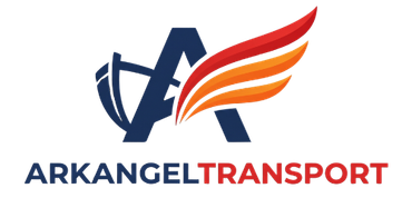 ARKANGELTRANSPORT logo with navy shield and orange-red wing graphic
