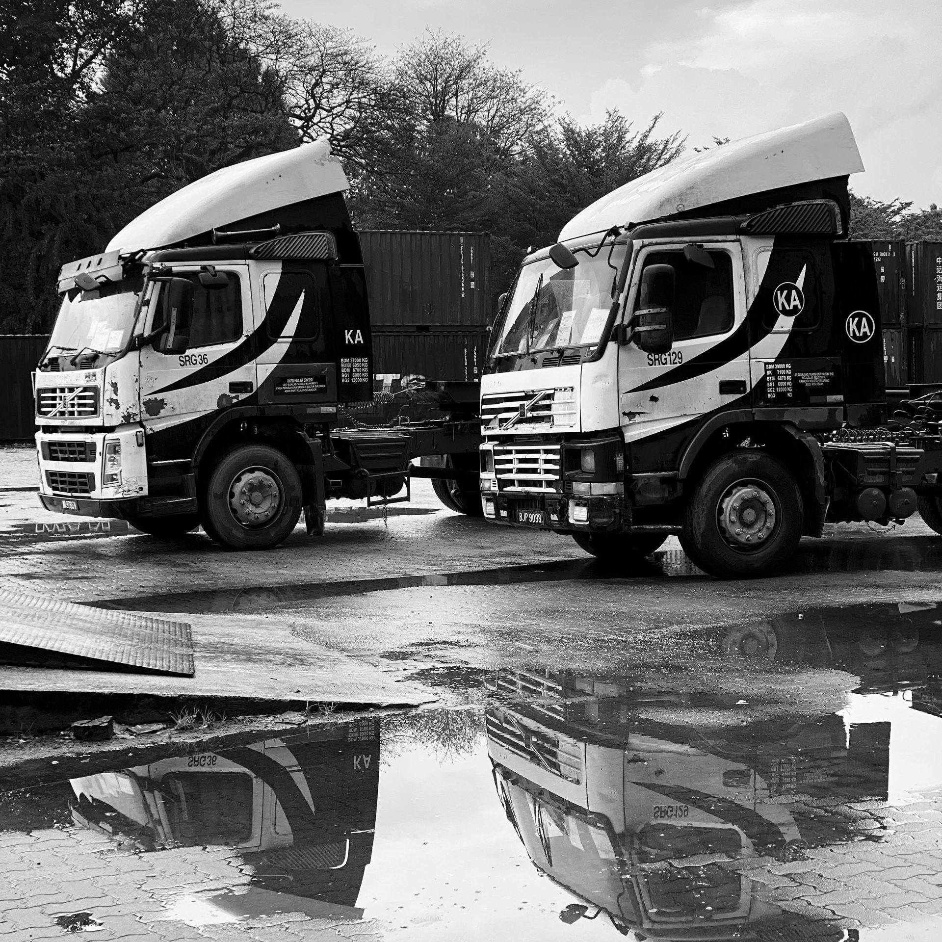 Two white cargo trucks parked side by side on a wet lot, reflected in a puddle