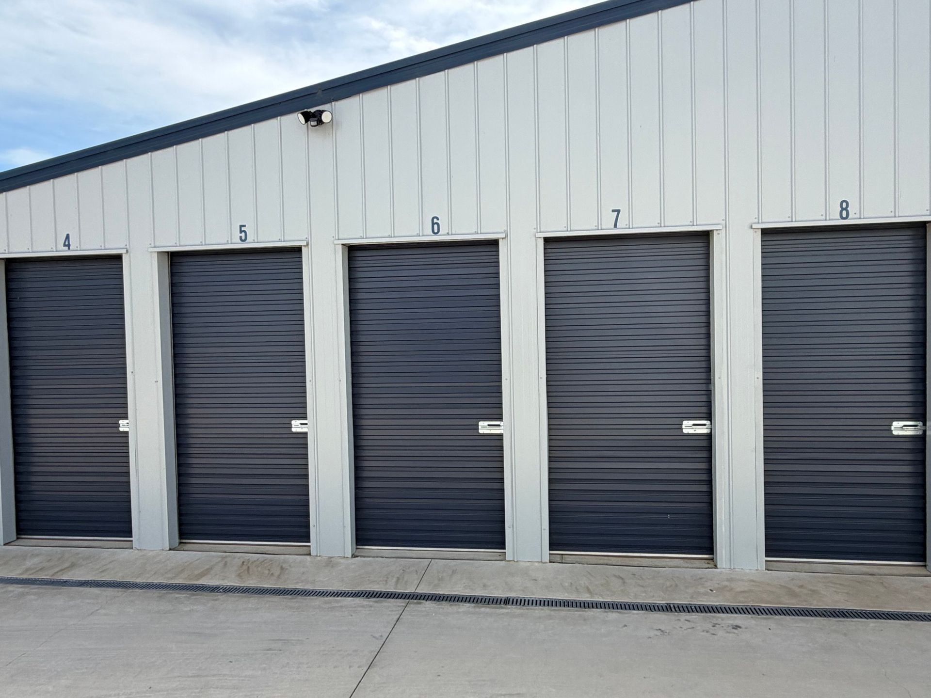 Row of dark roll-up storage unit doors on a light metal building exterior