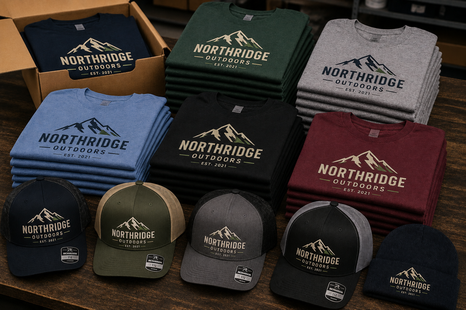 Assorted Northridge apparel and hats displayed in rows, in black, navy, gray, and maroon.