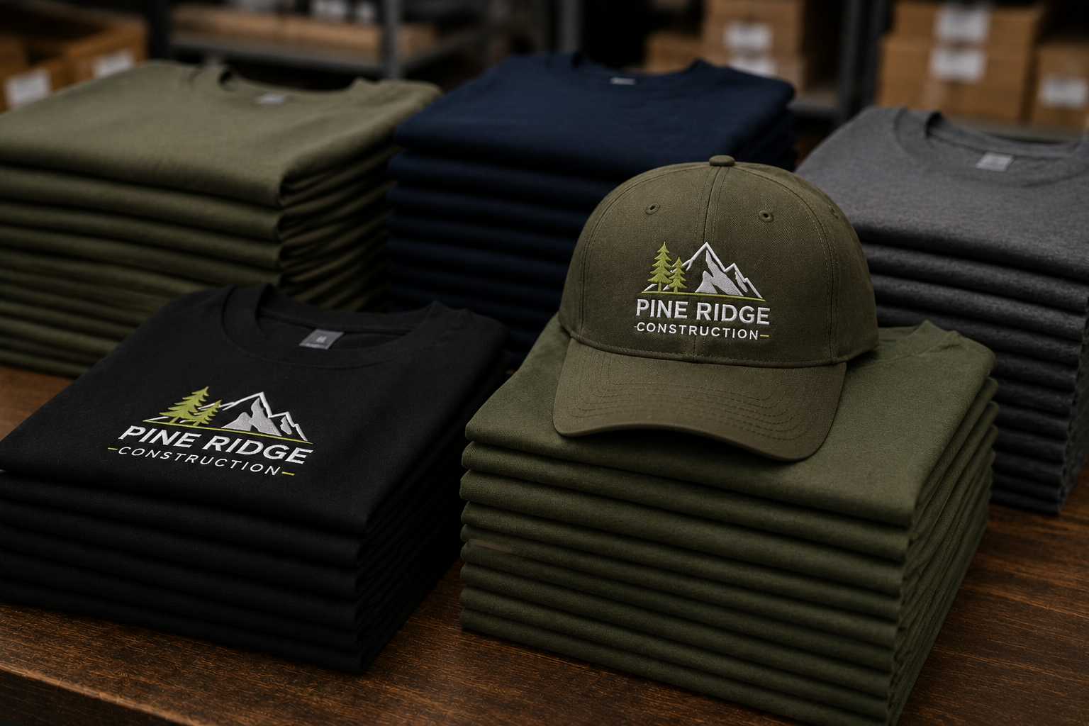 Stacked black and olive T-shirts with matching Pine Ridge caps on display