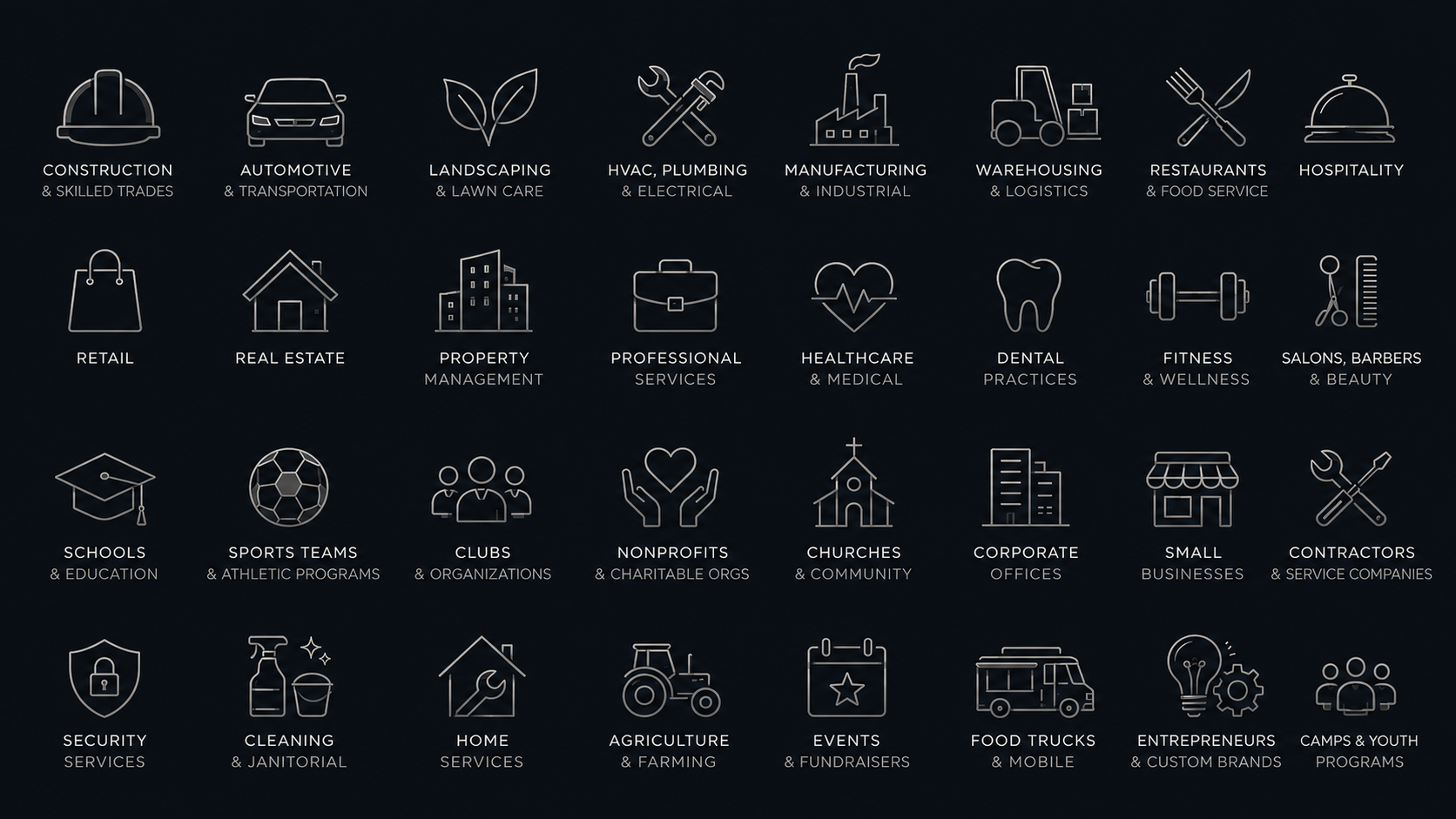 Dark icon grid of simple white line drawings representing services, amenities, and contact information icons.