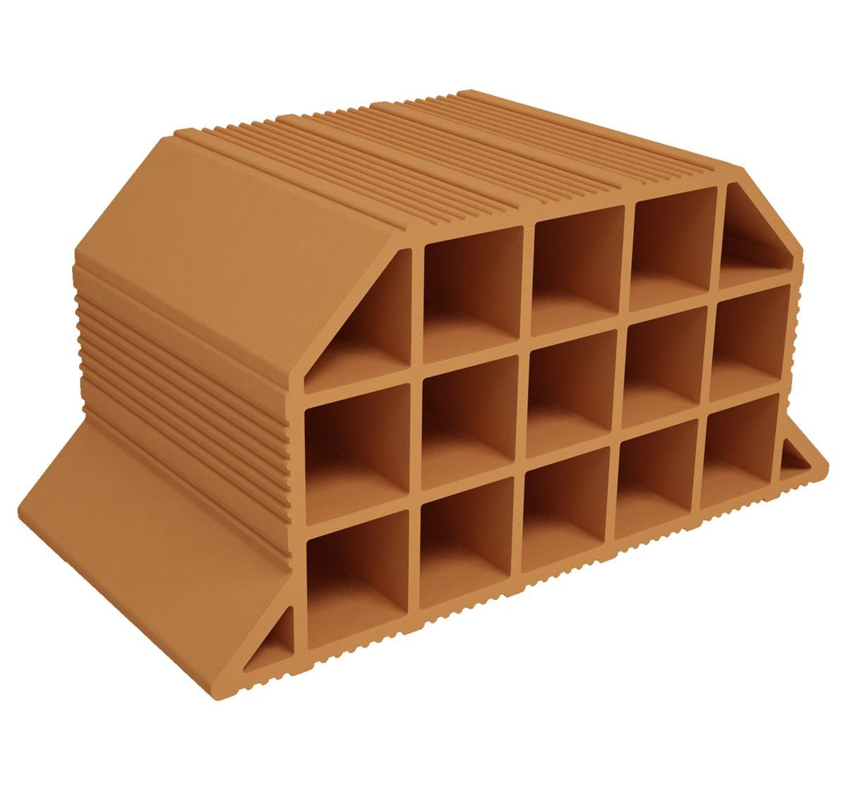 Un blocco da costruzione in argilla cava color terracotta, caratterizzato da un bordo inclinato e una struttura interna a griglia con più camere.