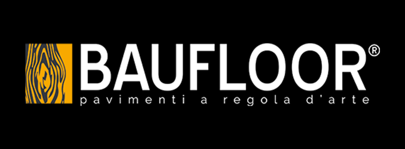 Il logo di Baufloor presenta un quadrato giallo con venature del legno a sinistra della scritta bianca 