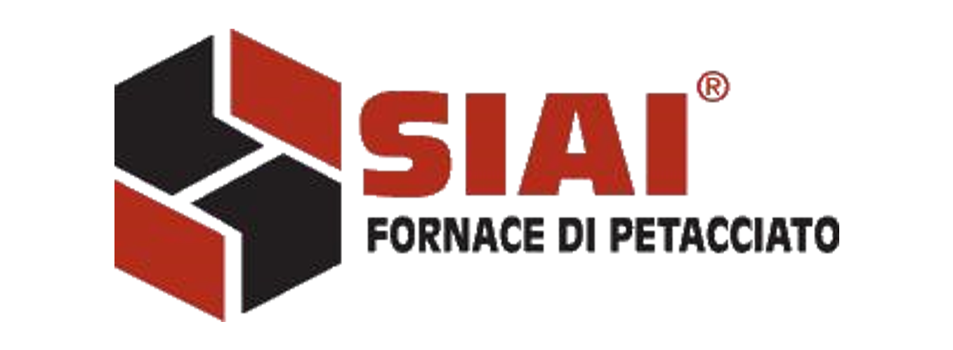 Logo per SIAI Fornace di Petacciato con un'icona geometrica nera e rossa accanto al nome del marchio in testo rosso.