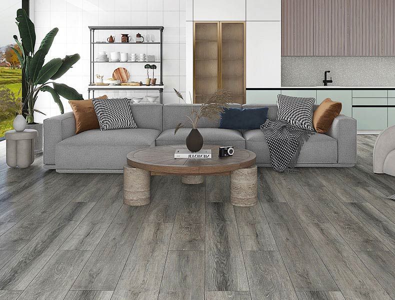 Un soggiorno moderno con divano grigio, tavolino rotondo in legno, mensole decorative e pavimento grigio effetto legno.