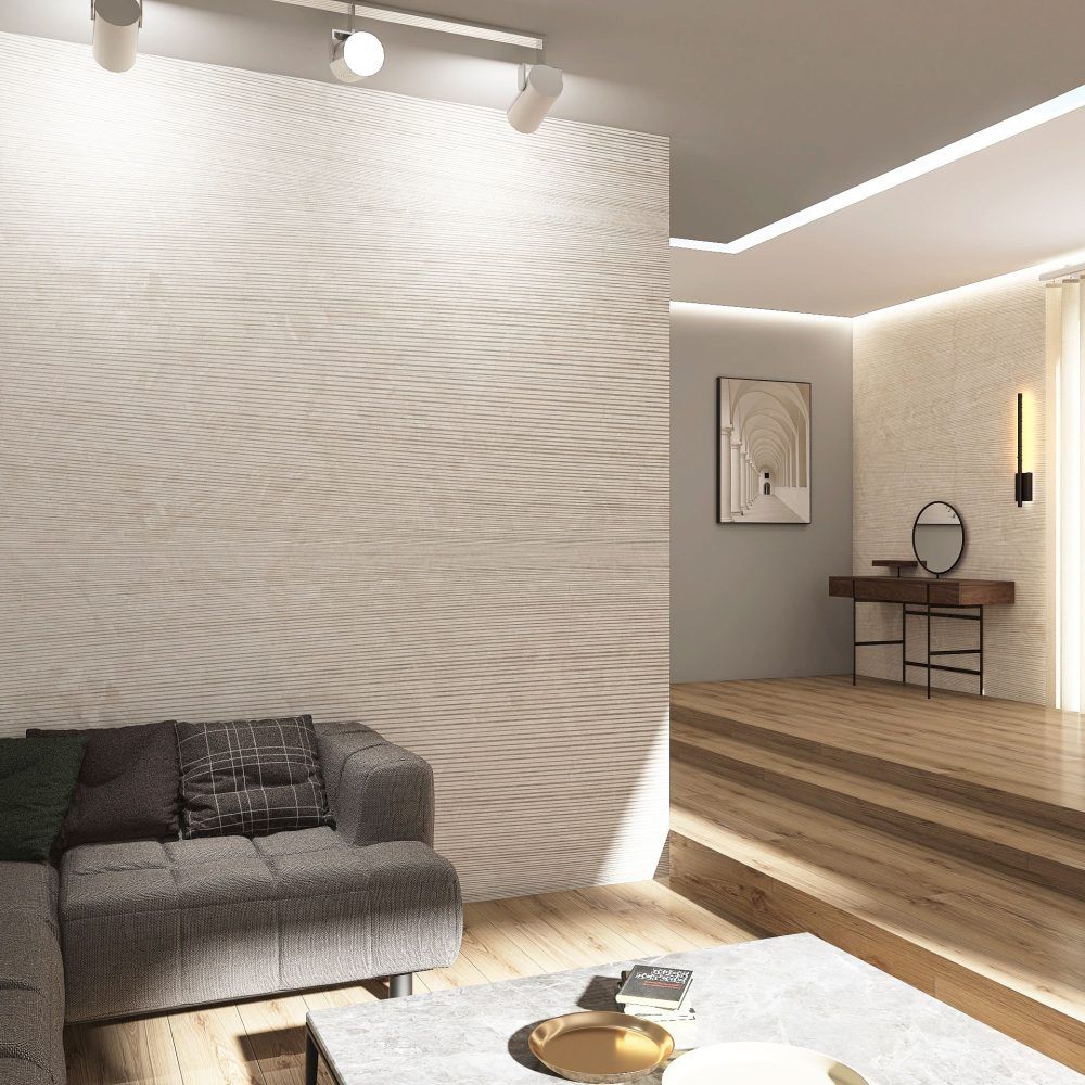 Soggiorno moderno con pareti rivestite in legno, divano grigio, tavolino da caffè in marmo e pavimento rialzato che conduce a una zona trucco.