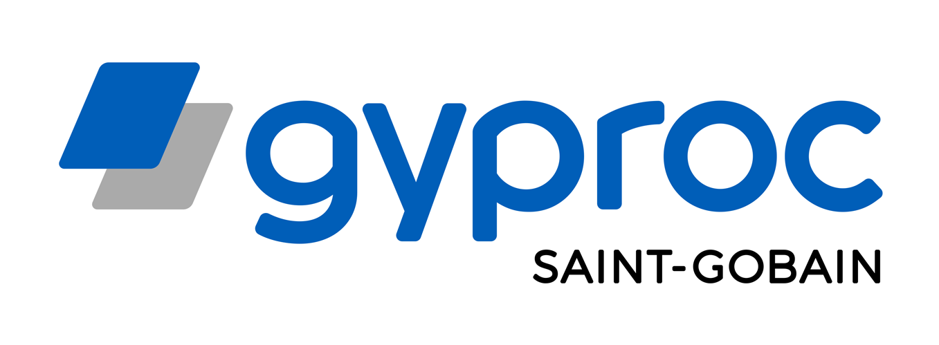 Logo Gyproc blu e grigio con la scritta