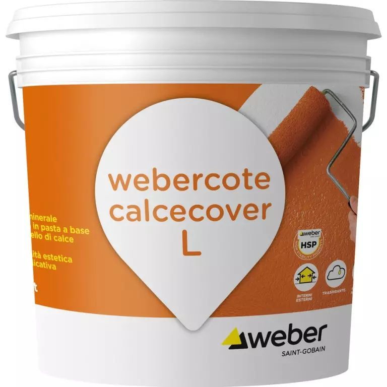 Un secchio bianco di vernice Webercote Calcecover L con un'etichetta arancione che riporta il logo Weber e le icone del prodotto.