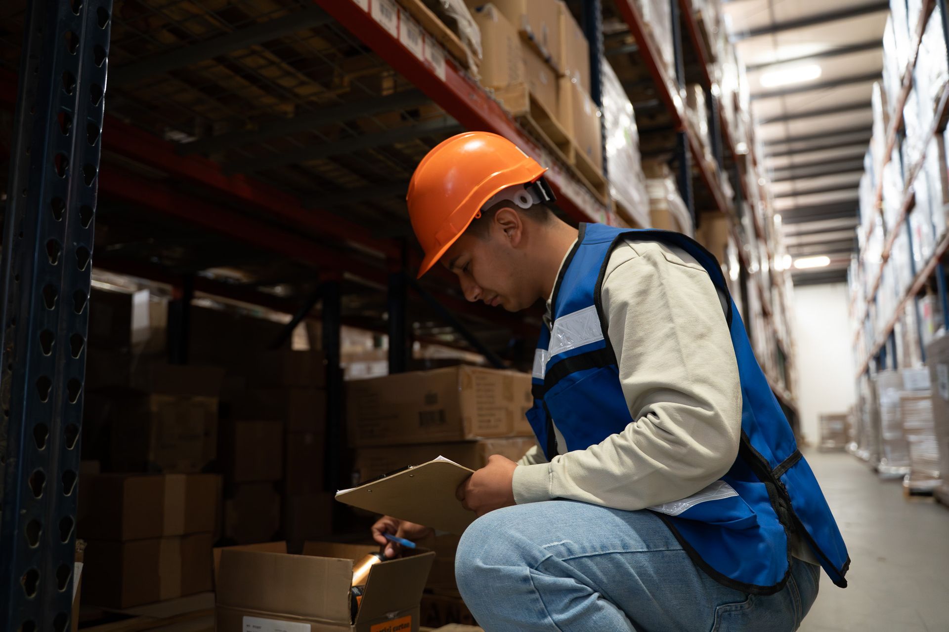 Worker in orange hard hat and blue vest kneeling in a warehouse, checking a clipboard.