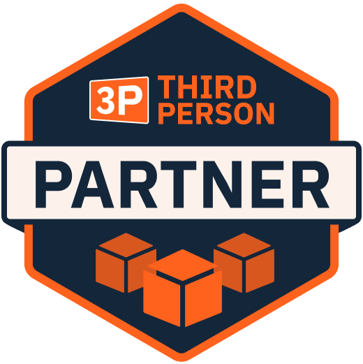 Third Person Partner logo with orange and navy hexagon, white “PARTNER” banner, and cube icons.