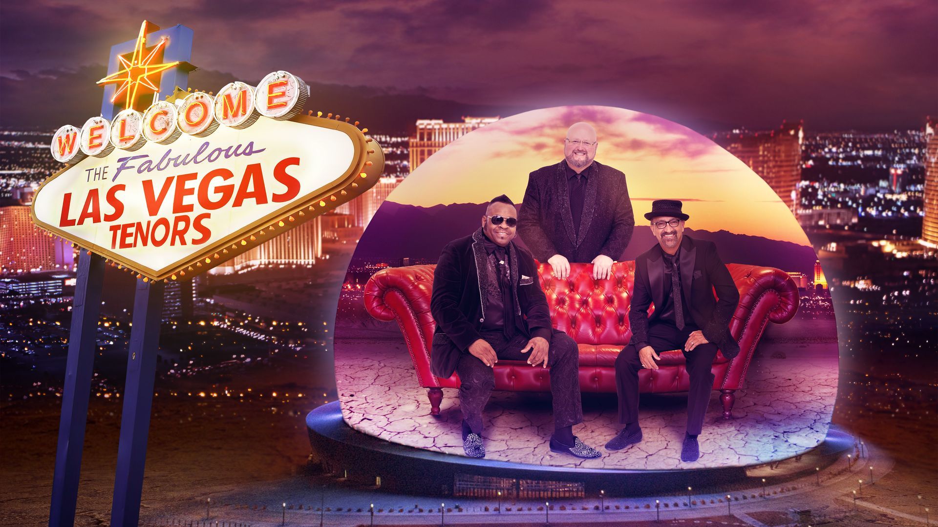 Las Vegas Tenors: three men on a red couch, with Vegas sign, cityscape backdrop.