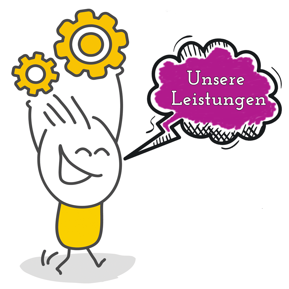 Strichmännchen mit Zahnrädern in der Hand, lächelnd, mit einer Sprechblase: 