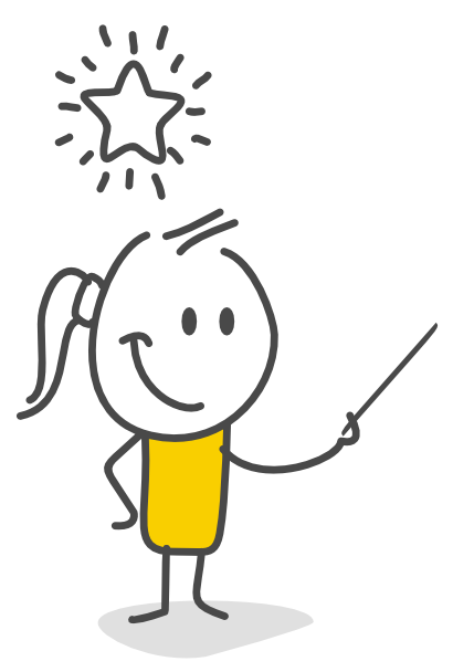 Comicfigur in gelbem Hemd, die einen Zeigefinger unter einem Stern-Symbol hält
