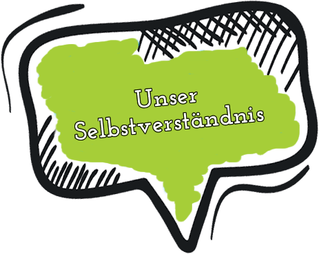 Grüne Sprechblase mit dem schwarz umrandeten Text „Unser Selbstverständnis“.