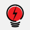 Red lightbulb with a lightning bolt inside, black outline, white background.