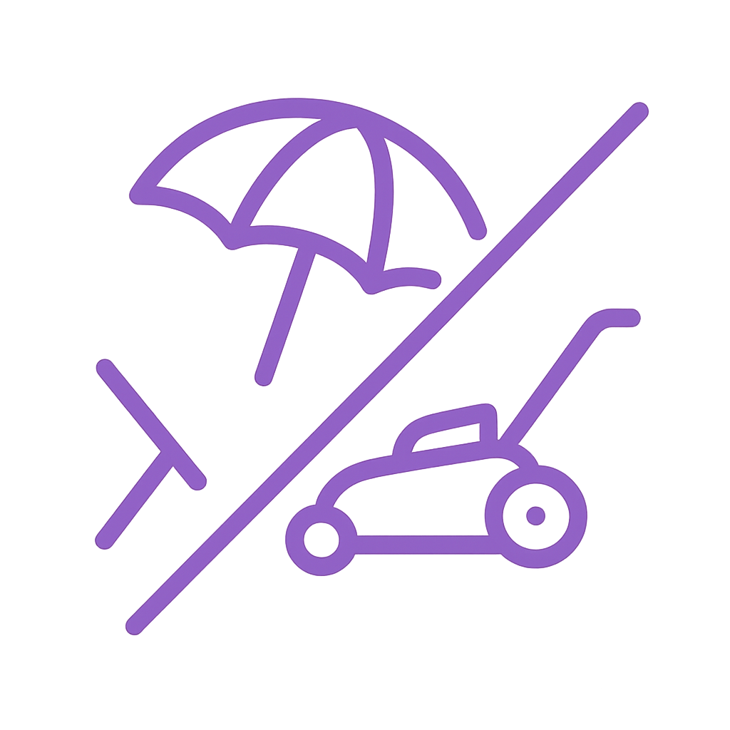 Purple line drawing of an umbrella, lawnmower, and lounge chair with a diagonal line through the image, indicating a ban.