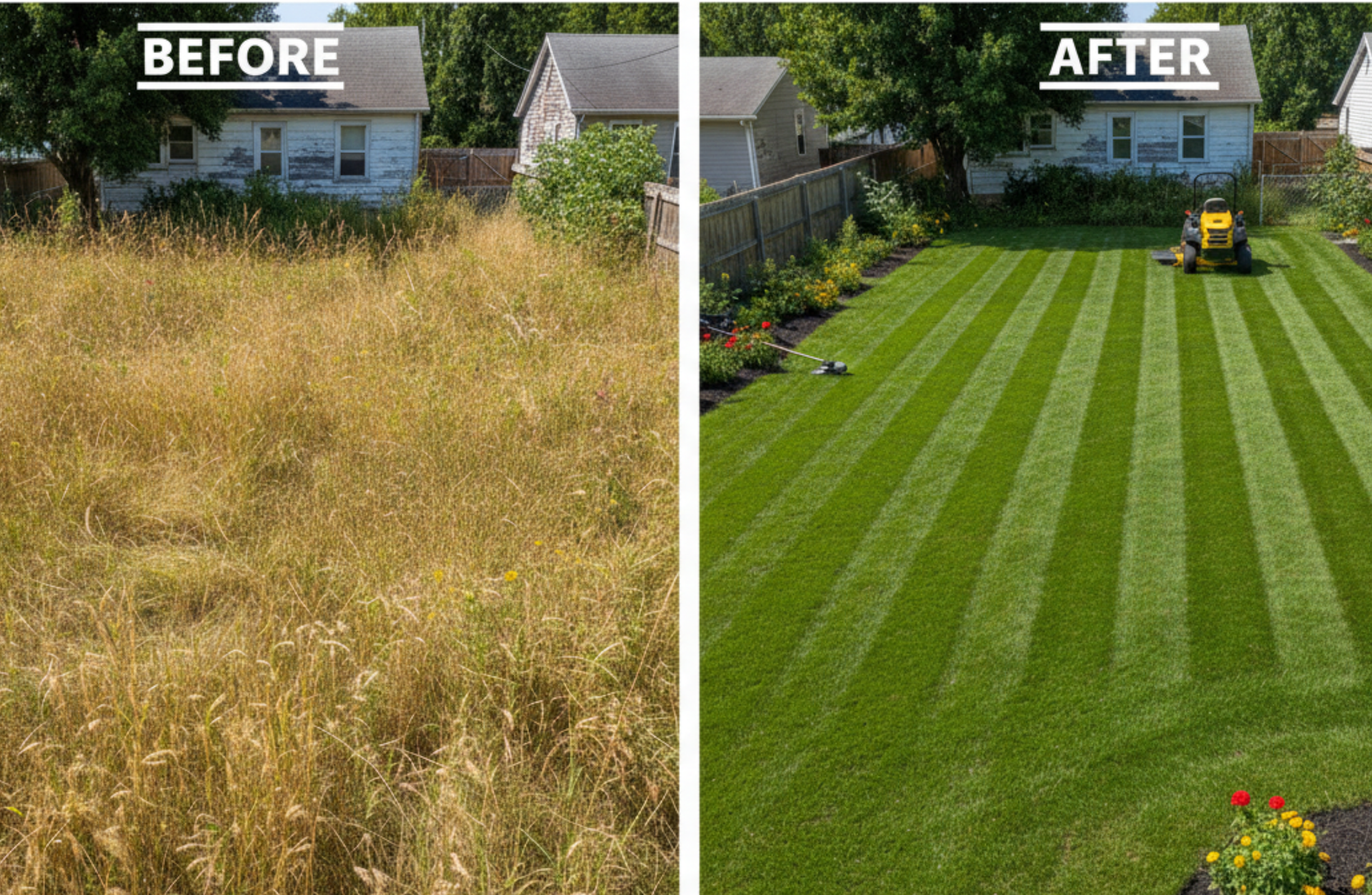 Before and after of overgrown weeds and a neatly striped, green lawn. A lawnmower is visible.