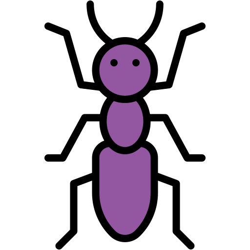Purple ant with black outline, six legs, two antennae, and two eyes.