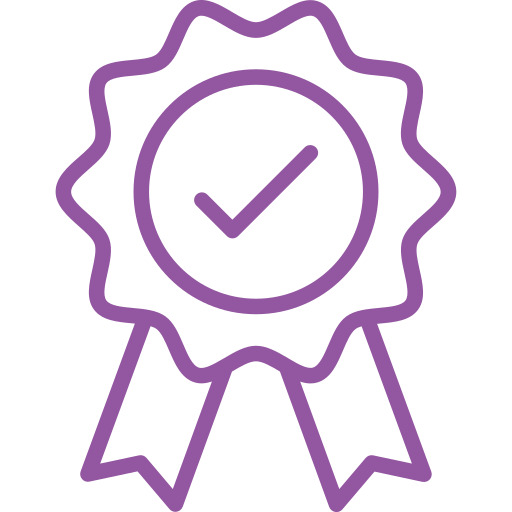 Purple award badge with a check mark.