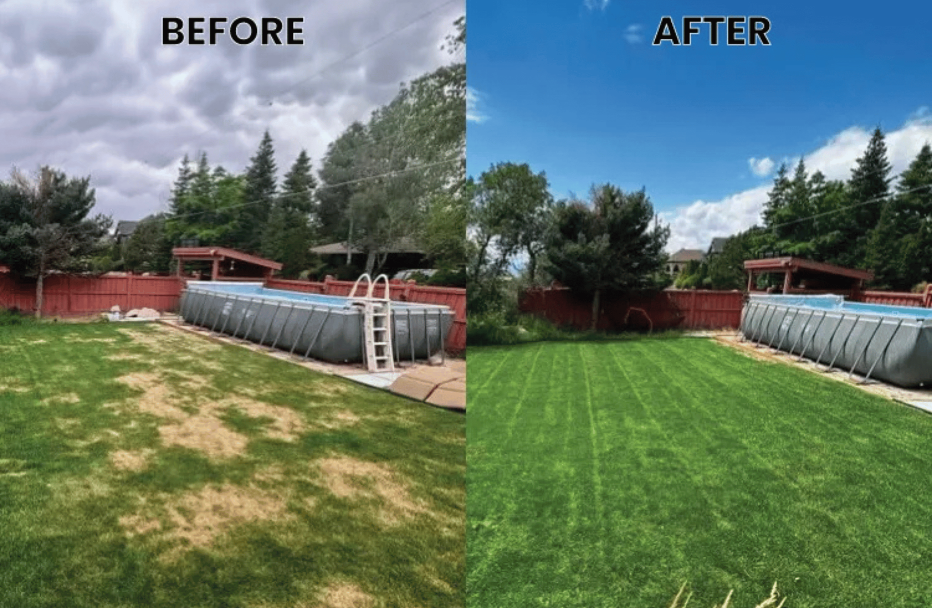 Front yard lawn before and after professional lawn care services in Utah with SolTerra service vehicle