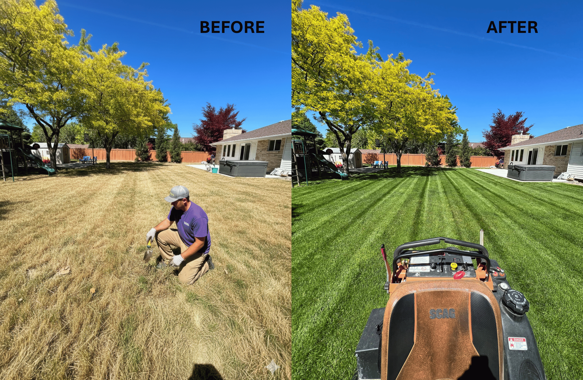 Lawn before and after treatment showing healthier grass after weed control and fertilization in Utah
