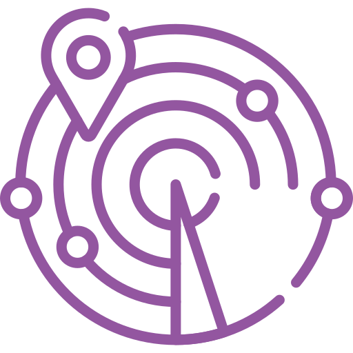 Purple radar icon with a location pin and multiple targets.
