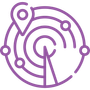Purple radar screen with a location marker and targets.