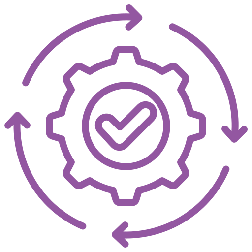 Purple gear with checkmark, surrounded by arrows.