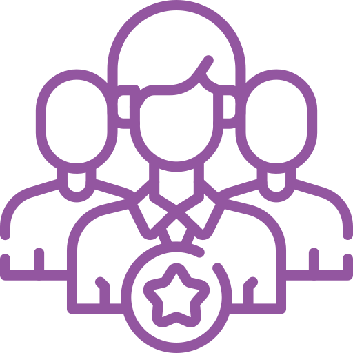 Purple icon of a group of people, one with a star, indicating excellence.