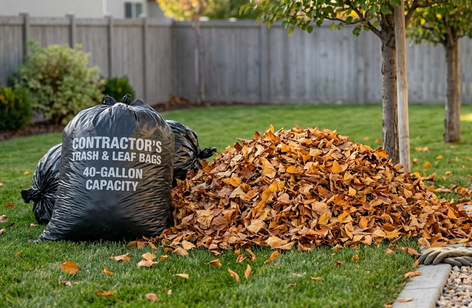 Leaf removal service in Lehi UT showing collected leaves and yard waste bags on a lawn after cleanup