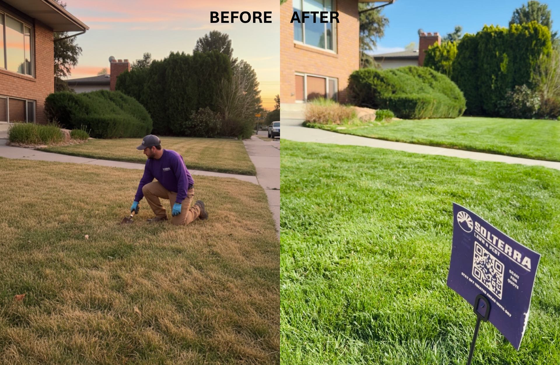 Backyard lawn before and after professional lawn fertilization service in Lehi, UT