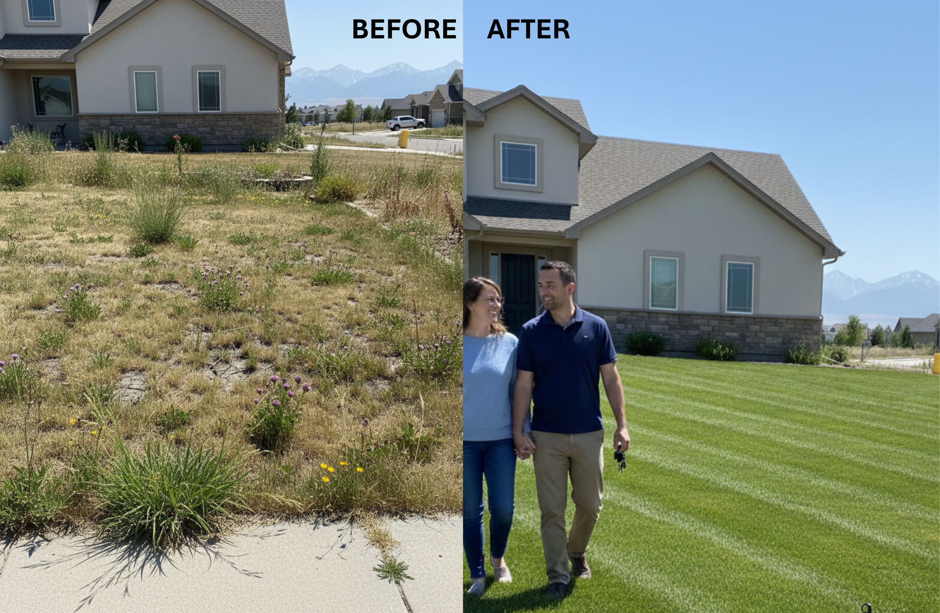 Before and after lawn fertilization improving turf health around landscaped yard in Lehi, UT