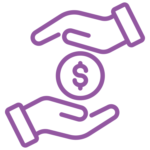 Two purple hands exchanging a coin with a dollar sign.