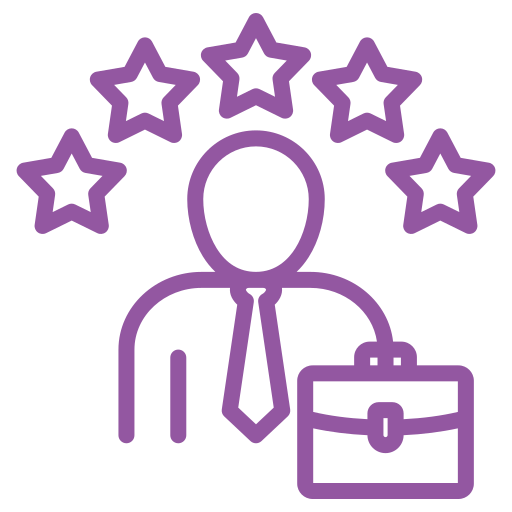 Purple outline of a person with a briefcase and five stars above the head, suggesting high performance.