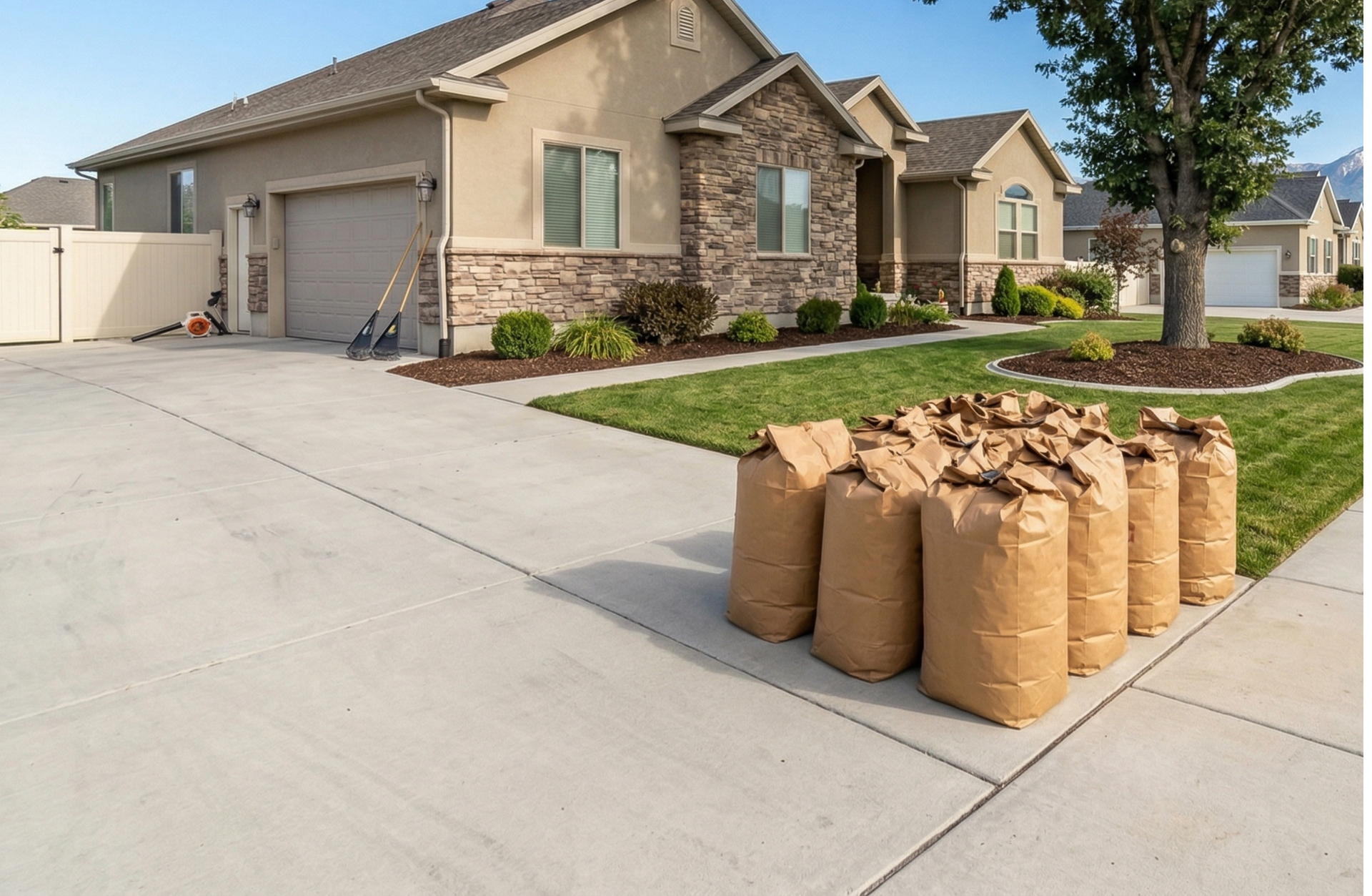 Residential yard cleanup in Lehi Utah showing bagged leaves and debris on a clean driveway in a suburban neighborhood