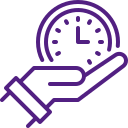 Purple hand holding a clock, symbolizing time management or deadlines.