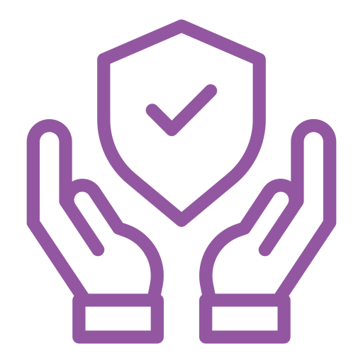 Purple hands cupping a shield with a checkmark.