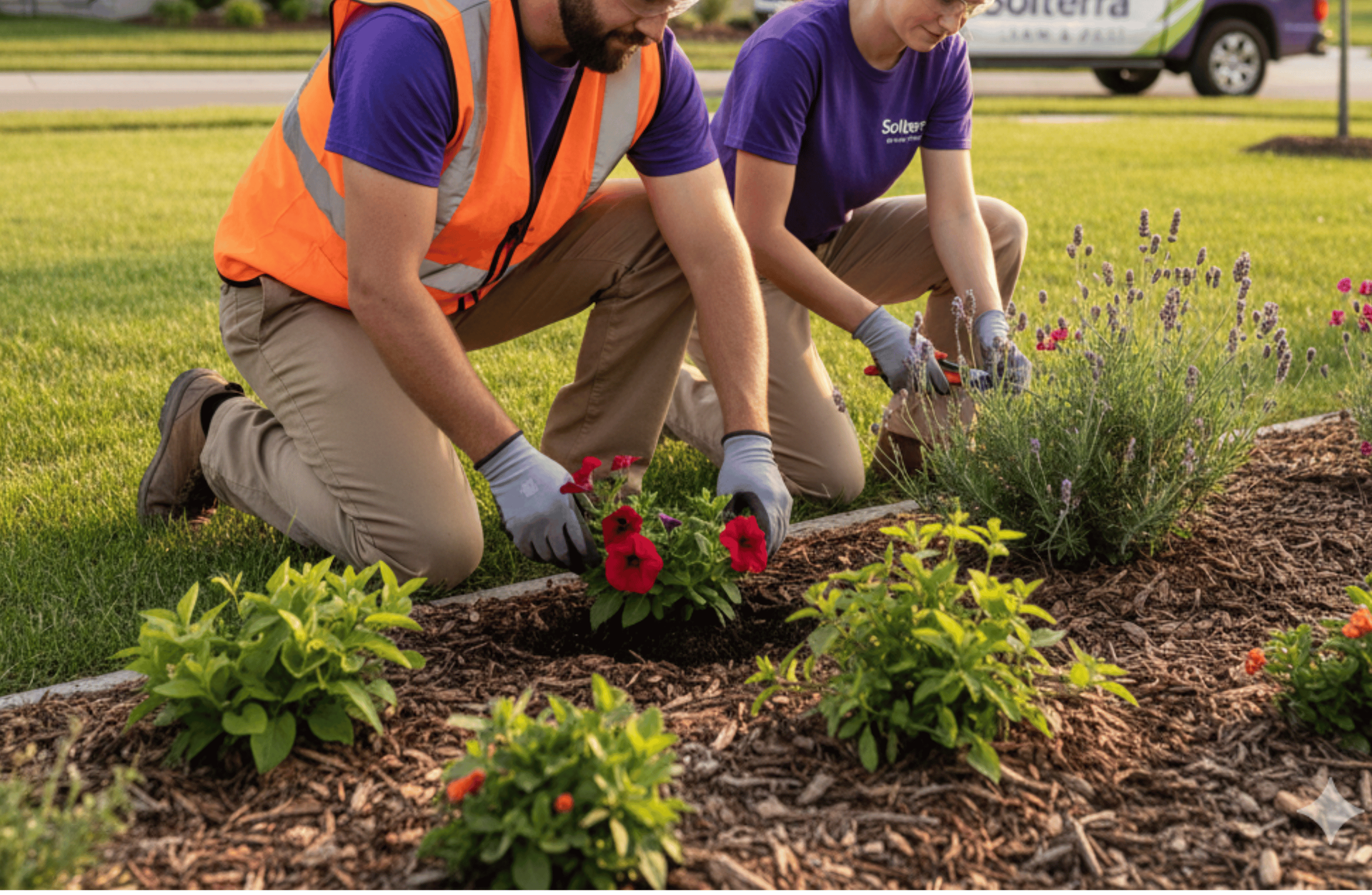 Two people planting flowers in a garden bed with mulch, wearing gloves and company shirts.