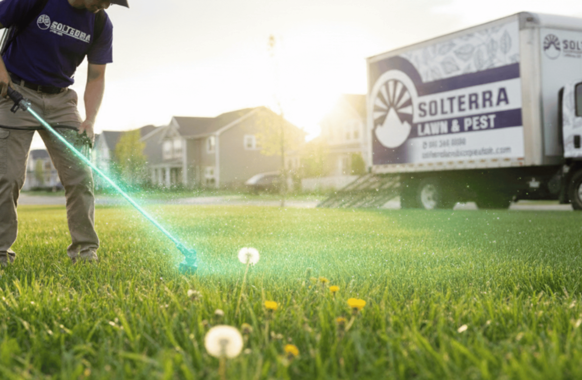 Man aiming a green laser at dandelions in a grassy yard, Solterra Lawn & Pest truck in the background.