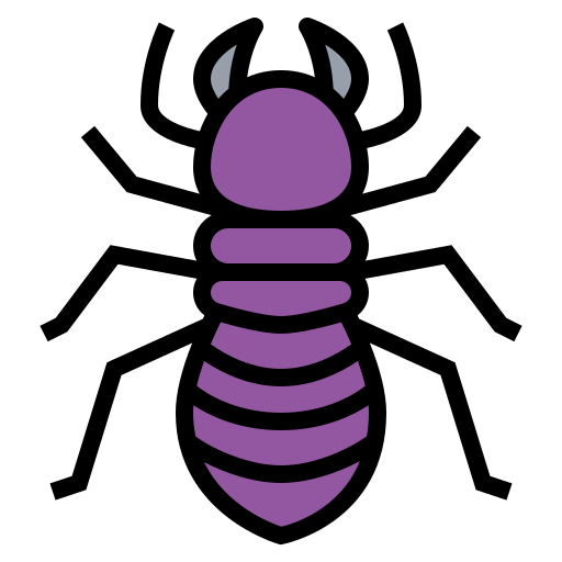 Purple cartoon termite with black outline and antennae.