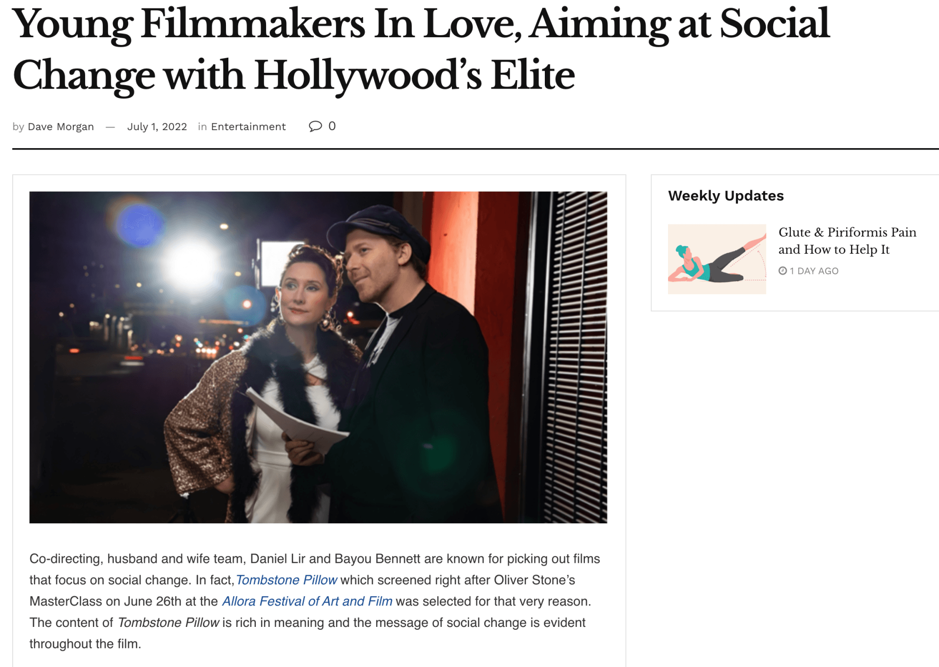 A screenshot of a news article about young filmmakers in love aiming at social change with hollywood 's elite.