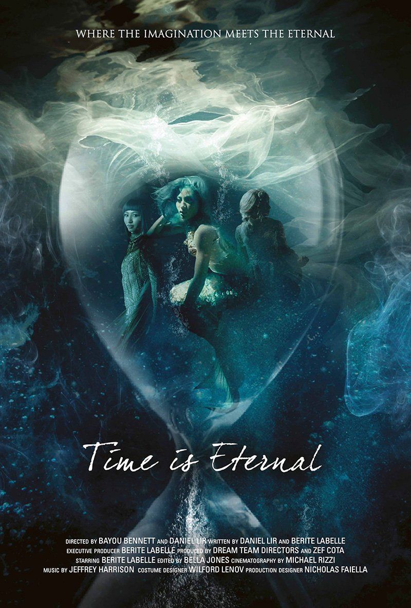 A movie poster for time is eternal shows a group of people in a hourglass.