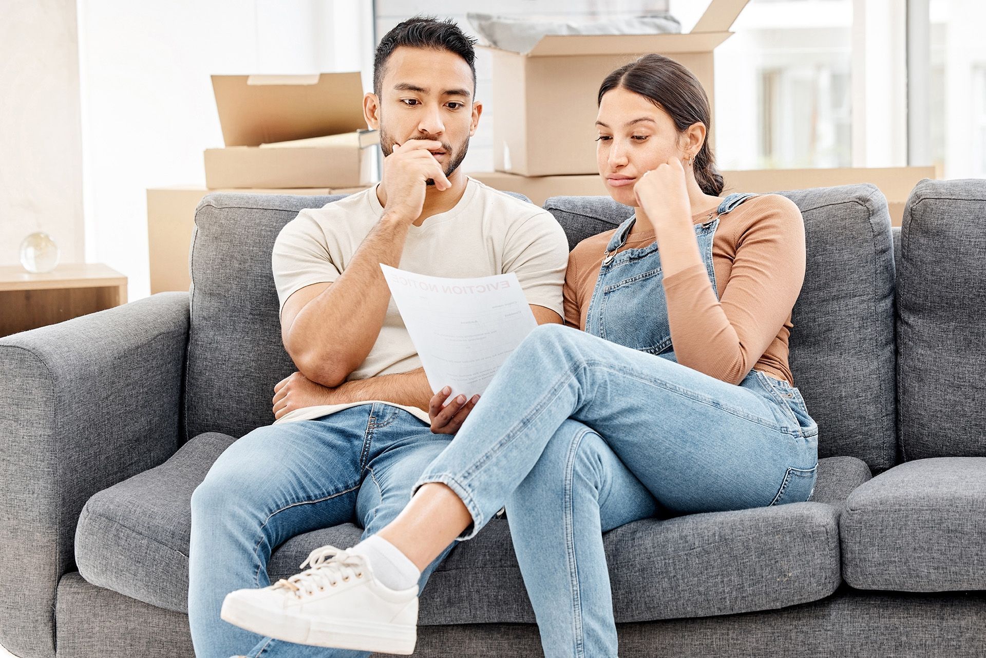 A man and a woman are sitting on a couch looking at a piece of paper.
