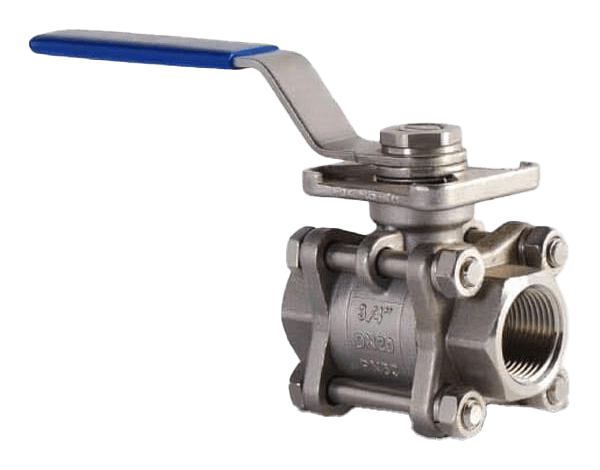 Válvula de bola de acero inoxidable con manija azul, utilizada para control de flujo.