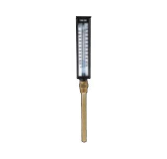 Termómetro vertical con tapa negra y sonda dorada. El medidor muestra una escala, probablemente para medir la temperatura.