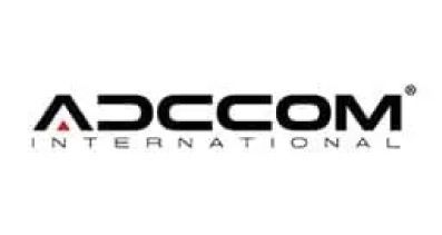 Logotipo de ADCCON International en texto negro con acento rojo sobre fondo blanco.