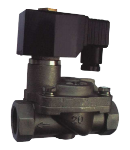 Electroválvula negra con conector eléctrico, flecha indica dirección.